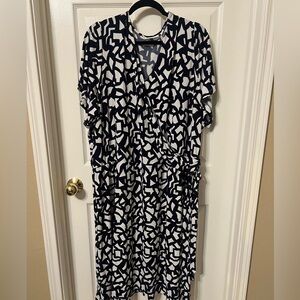 Susan Graver Regular Liquid Knit Faux Wrap Dress Navy Geo